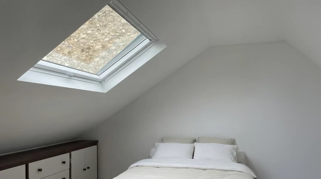 Pose d'une fenêtre de toît Velux dans une chambre